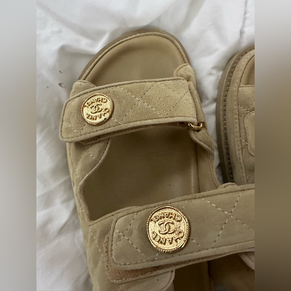 Chanel Dad Sandals (40 in Beige Suede)
